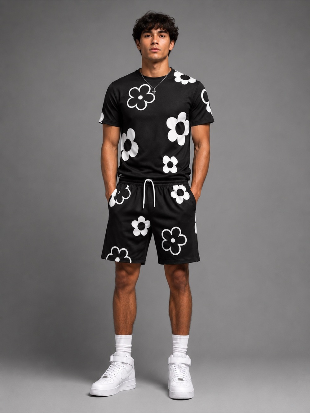 SHEIN Black & White Floral Drawstring Athletic Shorts